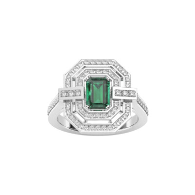 Bague Art Déco en or blanc, émeraude et diamants