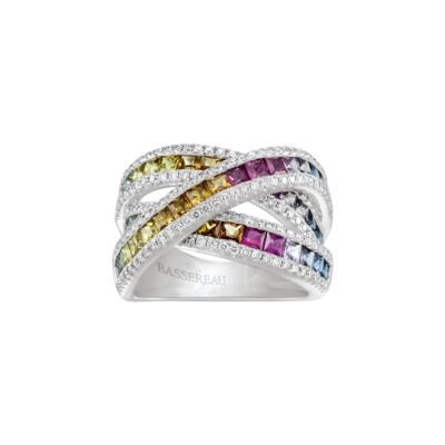 Bague en or blanc, saphirs multicolores et diamants
