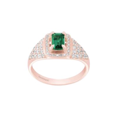 Bague Art Déco en or rose, émeraude et diamants
