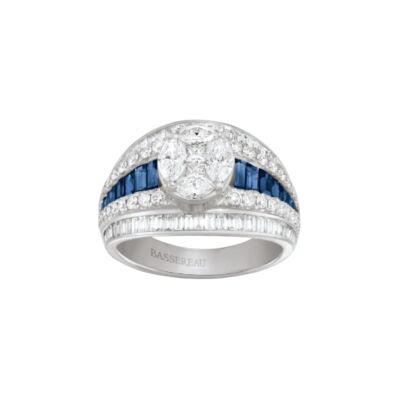 Bague Art Déco en or blanc, saphirs bleus et diamants
