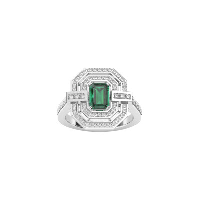 Bague Art Déco en or blanc, émeraude et diamants