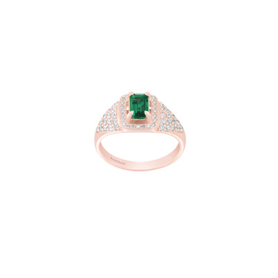 Bague Art Déco en or rose, émeraude et diamants