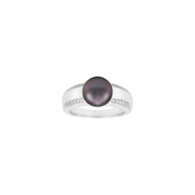 Bague en or blanc, perle de culture de Tahiti 9,5 - 10 mm et pavage diamants