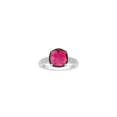 Bague en or blanc, tourmaline rose 10 x 10 et diamants