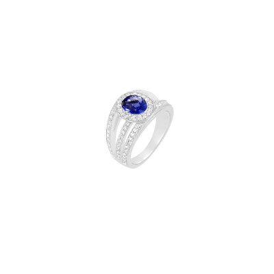 Bague en or blanc saphir bleu et diamants