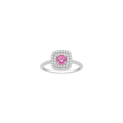 Bague en or blanc, saphir rose rond et diamants