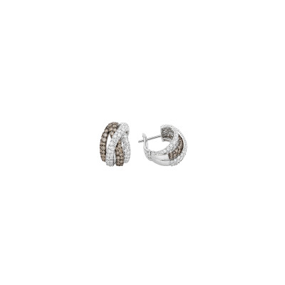 Boucles d'oreilles en or blanc, pavage diamants et diamants bruns