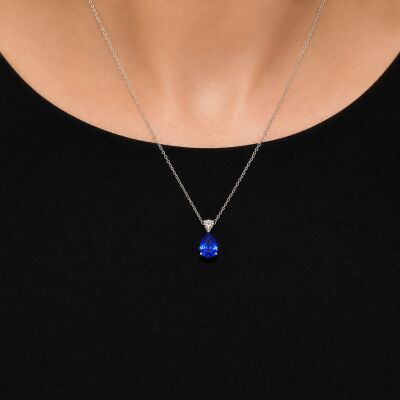 Collier en or blanc, saphir et bélière diamant sur chaîne