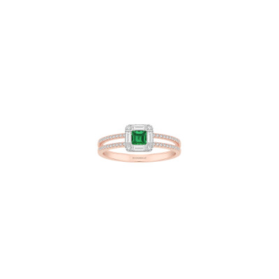 Bague Art Déco en or rose, émeraude et diamants