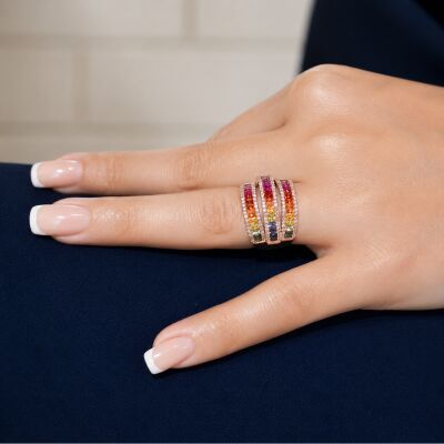 Bague en or rose, saphirs multicolores et diamants