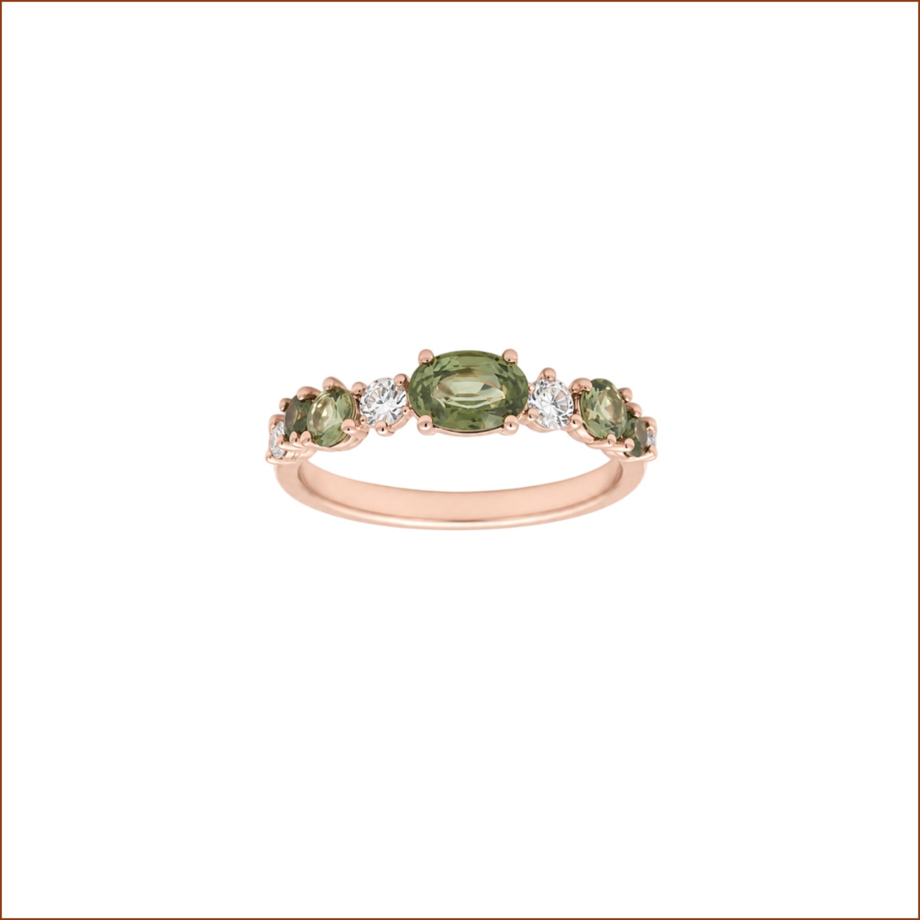Bague en or rose, diamants et saphirs verts BASSEREAU