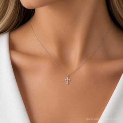 Collier Bulles croix en or blanc et diamants
