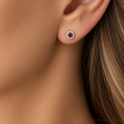 Boucles d'oreilles 1897 en or blanc, rubis et entourage diamants