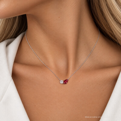 Collier Infini en or blanc, rubis poire et diamant