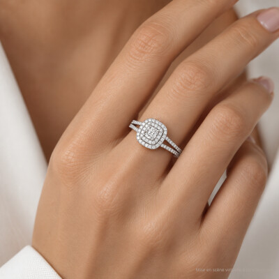 Bague 1897 en or blanc, diamant certifié et entourage diamants