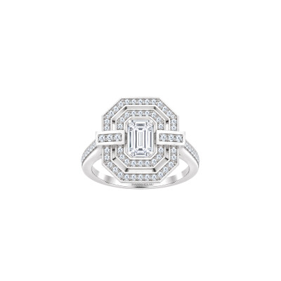 Bague Art Déco en or blanc diamant certifié et entourage diamants
