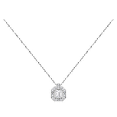 Collier Art Déco en or blanc, diamant Asscher et entourage diamants
