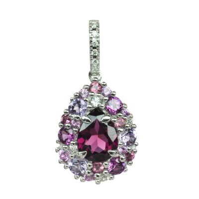 Pendentif Isabelle Langlois en or blanc, Rhodolite, Améthystes Roses de France Tourmaline, Saphirs blancs et diamants