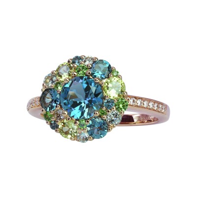 Bague Isabelle Langlois en Or Rose et Diamants, Topaze Ronde, Péridots et Tsavorites