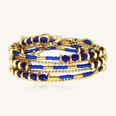 Bracelet 3 tours Perles Bleues et Disques