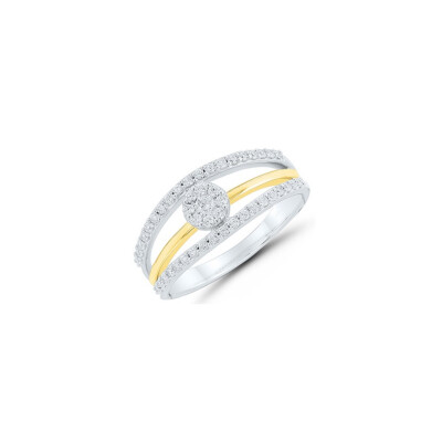 Bague Bicolore Trois Rangs Sertie Diamants et Rond Pavé Au Centre