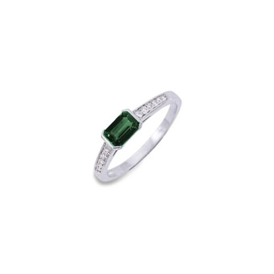Bague Or Blanc Emeraude Rectangle et Diamants