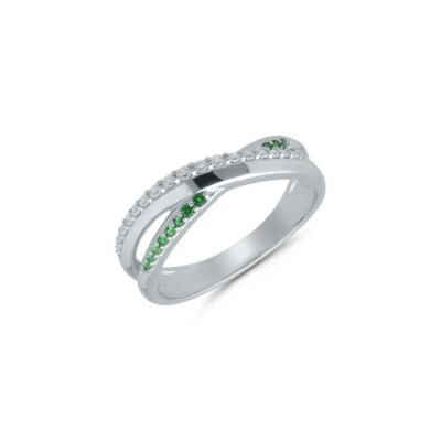 Bague Or Blanc Croisée Diamants et Emeraudes