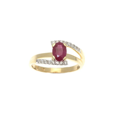 Bague Or Jaune Rubis et Deux Lignes Diamants