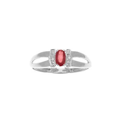 Bague Or Blanc Rubis Ovale et Barrettes Diamants