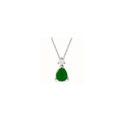Collier Or Blanc Pendentif Emeraude Poire et Diamant
