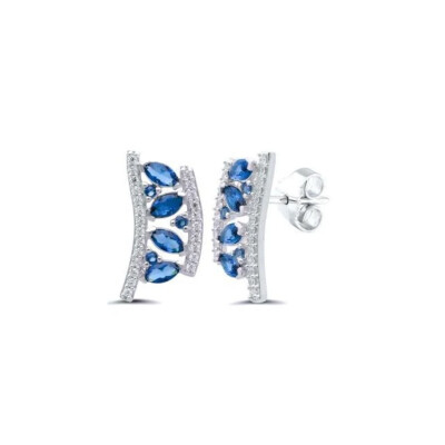 Boucles d'Oreilles Or Blanc Lignes Diamants et Saphirs Navettes