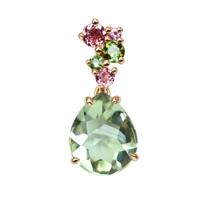 Pendentif Quartz Vert en Poire et Tourmalines