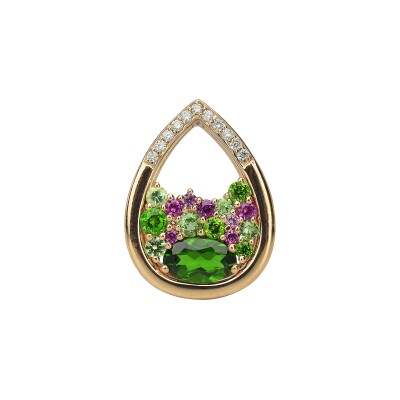 Pendentif Sac de Billes en Goutte Diopside Tsavorite et Saphir Rose