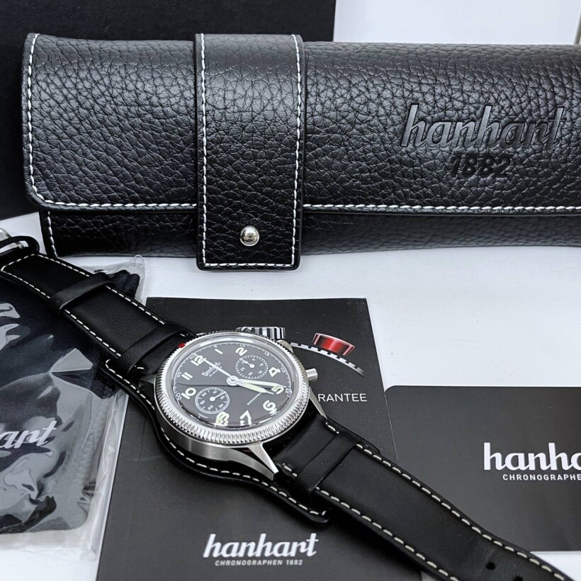 Montre Hanhart Pioneer 417 ES 39 mm 1954 Unlimited bracelet "Bund" noir, taille M