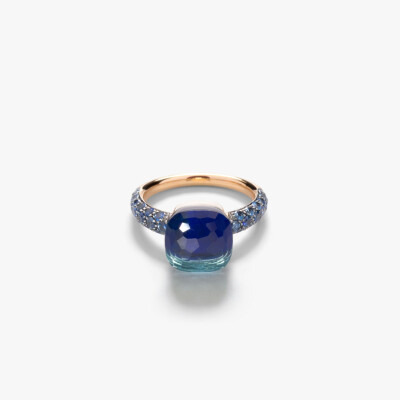Bague Pomellato Nudo Classic en or rose, or blanc, topaze bleu london, saphirs et lapis lazuli