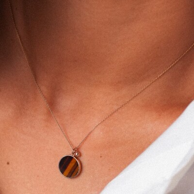 Collier Ginette NY MINI EVER DISC en or rose et oeil de tigre