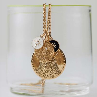Médaille Arthus Bertrand Étoile en or jaune poli, laque ivoire et diamant, 10mm