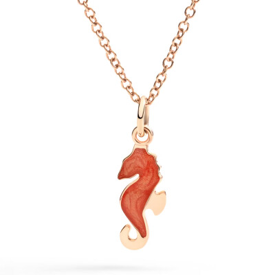 Pendentif DoDo Hippocampe en or rose et email orange effet nacre
