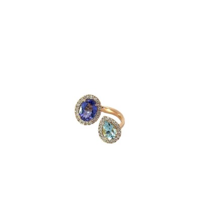 Bague aigue marine et tanzanite en or rose