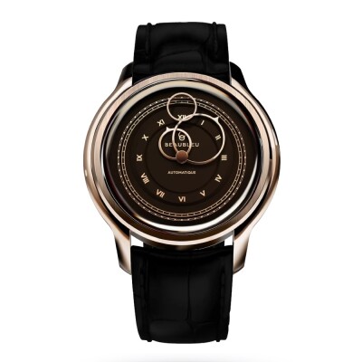 Montre BeauBleu La Pièce N.1 moka bracelet cuir caiman noir