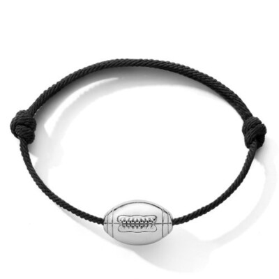 Bracelet Ballon de Rugby Argent sur cordon noir réglable