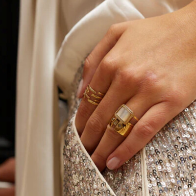 Bague ZAG Eliane ajustable Acier doré, nacre et zirconium