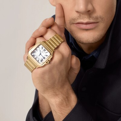 Montre Santos de Cartier, Grand modèle, mouvement automatique, bracelets or jaune et cuir interchangeables