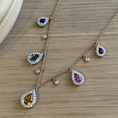 Collier Héritage en or rose, saphir multicolores de taille poire et diamants