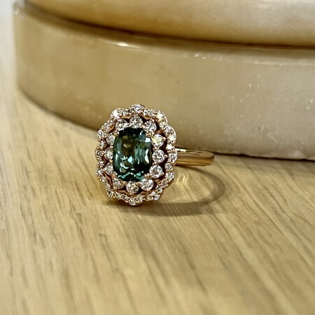 Bague Ponte Vecchio en or rose, tourmaline verte de 1,40 carat et diamants