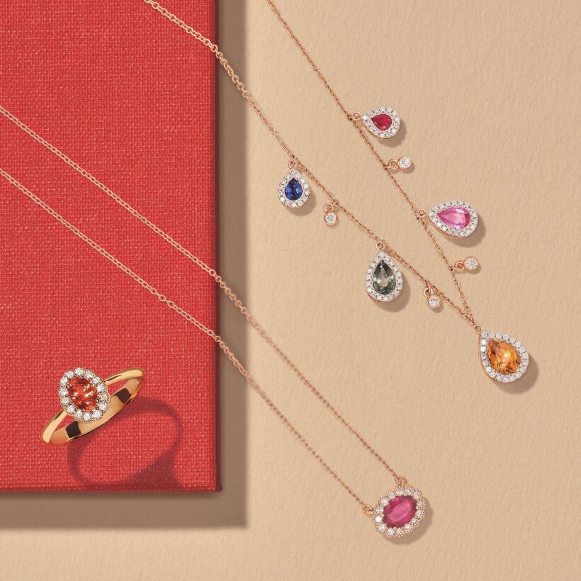 Collier Héritage en or rose, saphir multicolores de taille poire et diamants