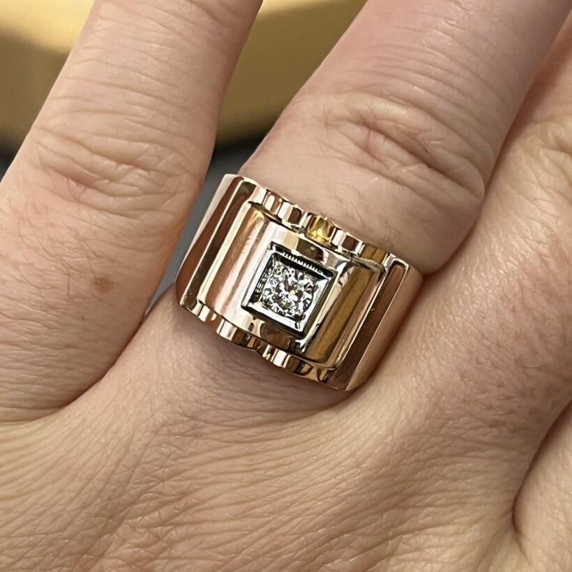 Bague Tank en or rose, platine et diamants de taille ancienne de 0,10 carat vers 1940