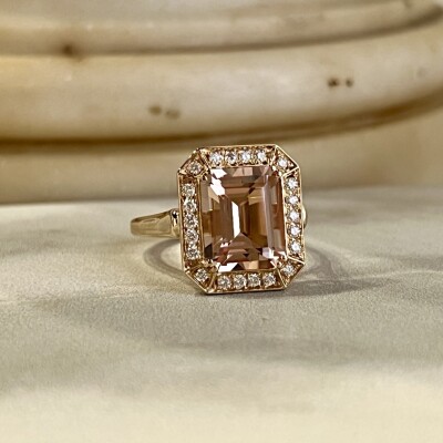 Bague San Marco en or rose, morganite de taille émeraude de 3,94 carats et diamants