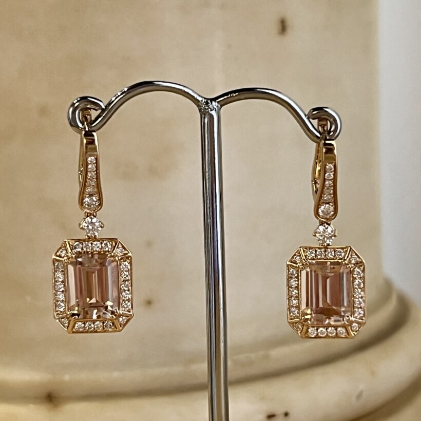 Boucles d’oreilles San Marco en or rose, morganite de taille émeraude de 4,06 carats et diamants