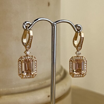 Boucles d’oreilles San Marco en or rose, morganite de taille émeraude de 4,06 carats et diamants